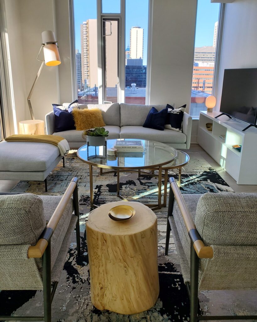 Restful retreat in this city penthouse filled with custom luxurious pieces.