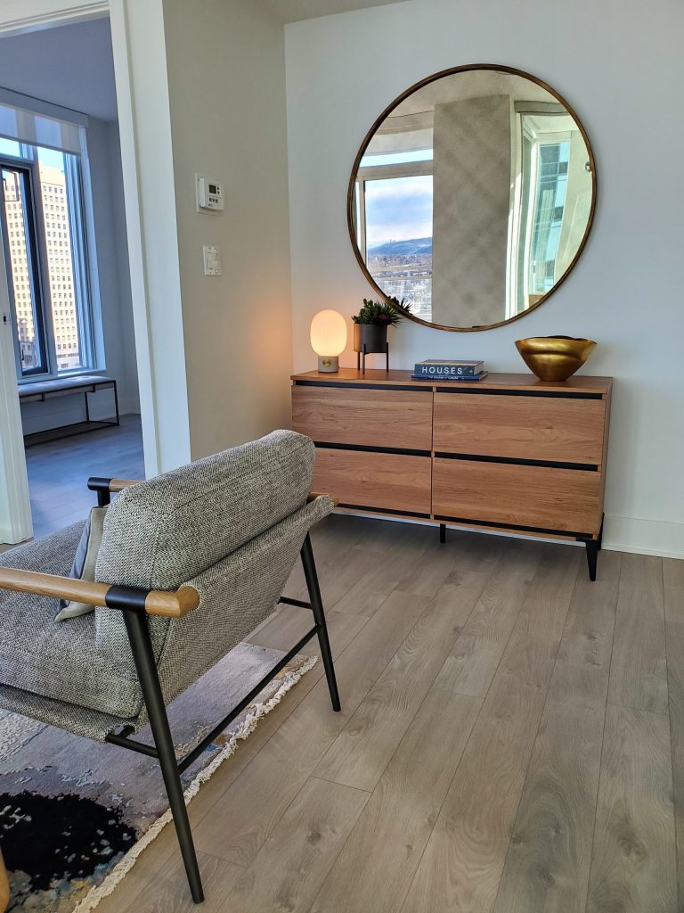 Scandinavian Design - Wooden hutch and natural fiber chair