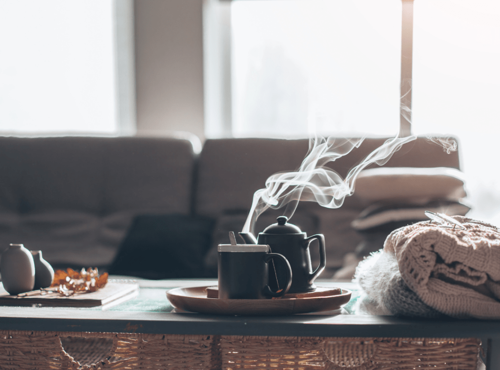 Scandinavian Design - Cozy and comfortable space with a pot of tea steaming