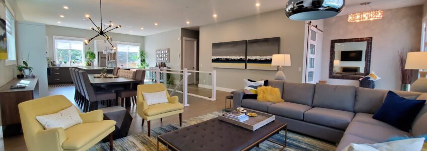 Open Entertaining with contemporary art and yellow accents in this stunning living room.