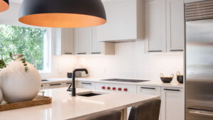 Kitchen layout - prep sink on island with large statement lighting overhead