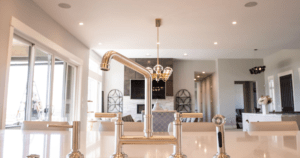 Kitchen layout - view from satin finish faucet on island prep sink