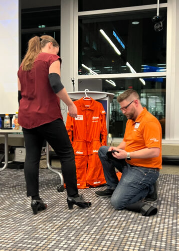 Aging in place - BLUM rep getting Britt suited up in the Age Explorer suit