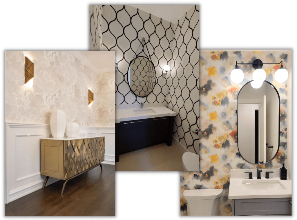 2023 Design Trends - #5 - 3 variations of wallpaper. Floral and bold pattern in 2 powder rooms and light clouds in a dining room.