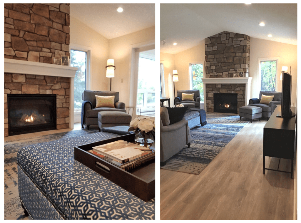2023 Design Trends #7 - Natural stone fireplace flanked by cozy chairs.
